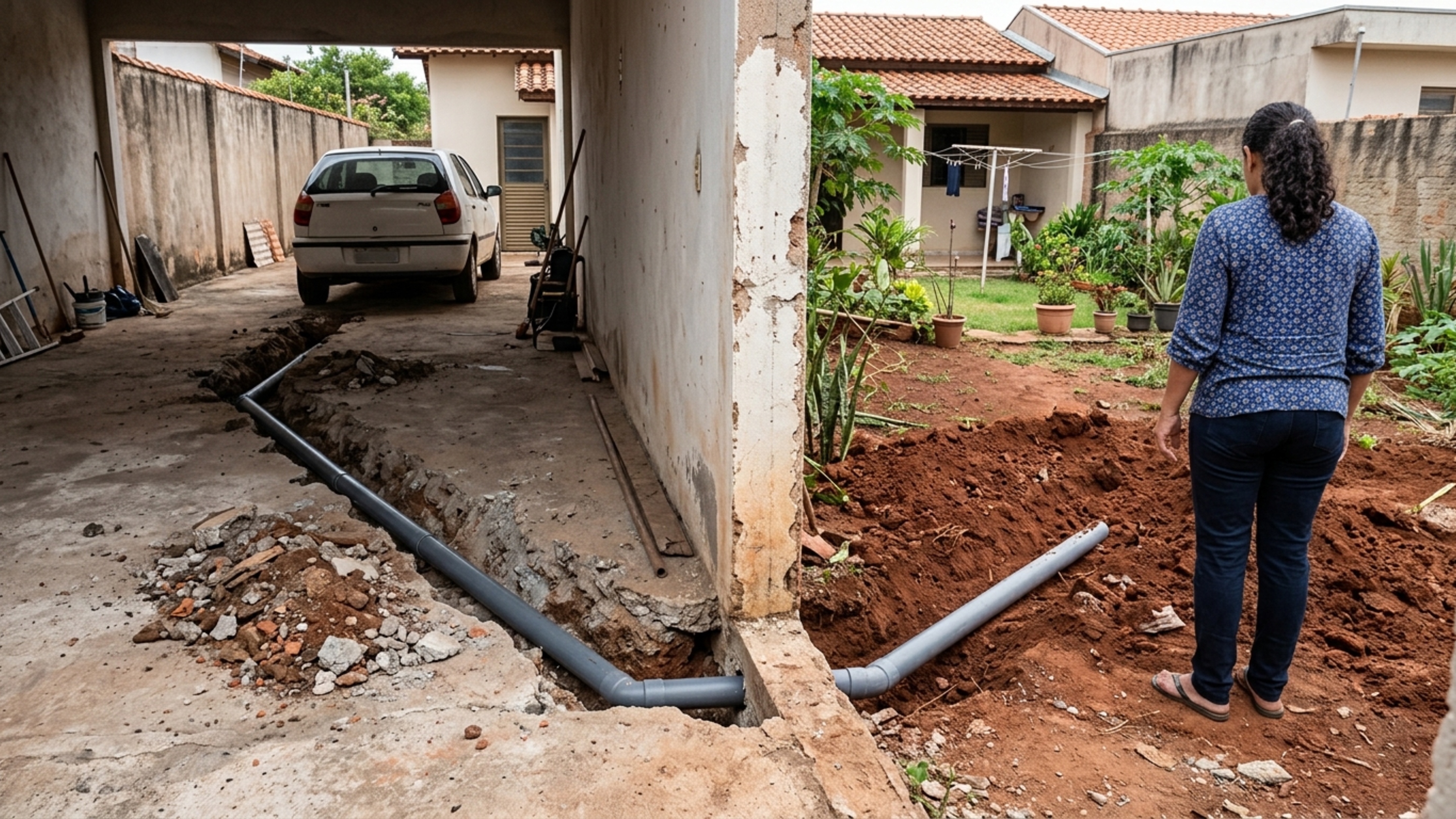 Pedreiro quebra o piso da garagem para passar tubulação e vizinha percebe que obra atravessou alguns centímetros para dentro de seu quintal