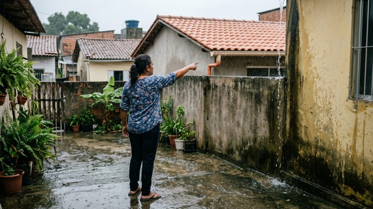 Vizinho reforma telhado e, na primeira tempestade, moradora percebe que toda a água de uma das calhas passou a cair sobre seu quintal
