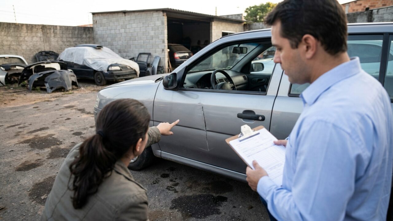Motorista deixa o carro na oficina, busca com um risco de 30 centímetros na porta, oficina afirma que o dano já existia, e ele descobre que existe um documento que deveria ter sido assinado na entrada