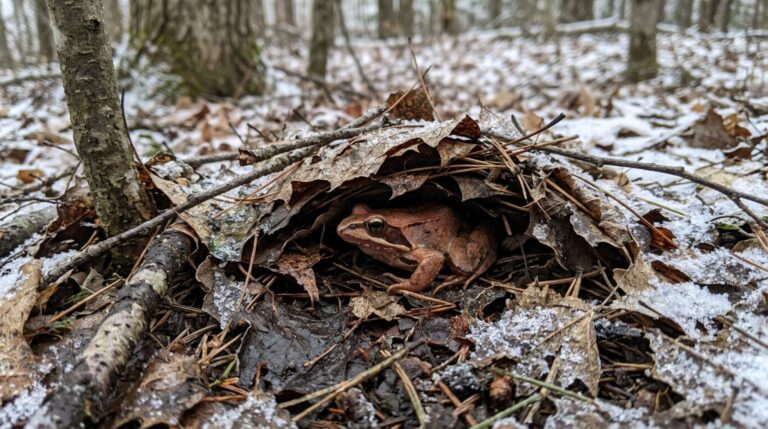 A rã-da-floresta enfrenta o inverno congelando parcialmente sob a matéria vegetal do solo