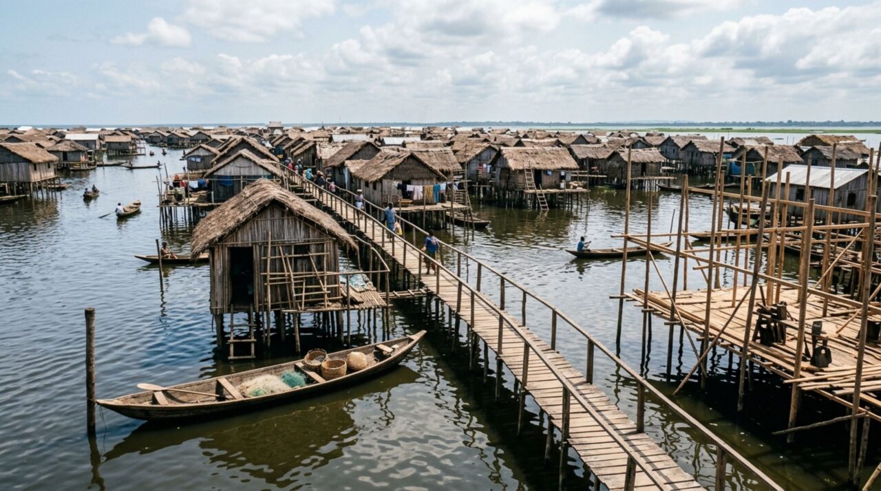 As moradias de Ganvié são sustentadas por estacas cravadas no fundo do lago e organizadas em torno da circulação aquática