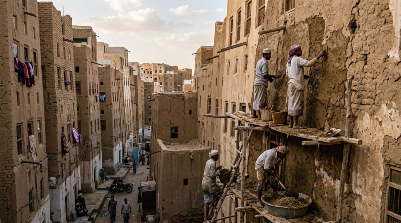 Manutenção das fachadas de terra nas casas-torre de Shibam