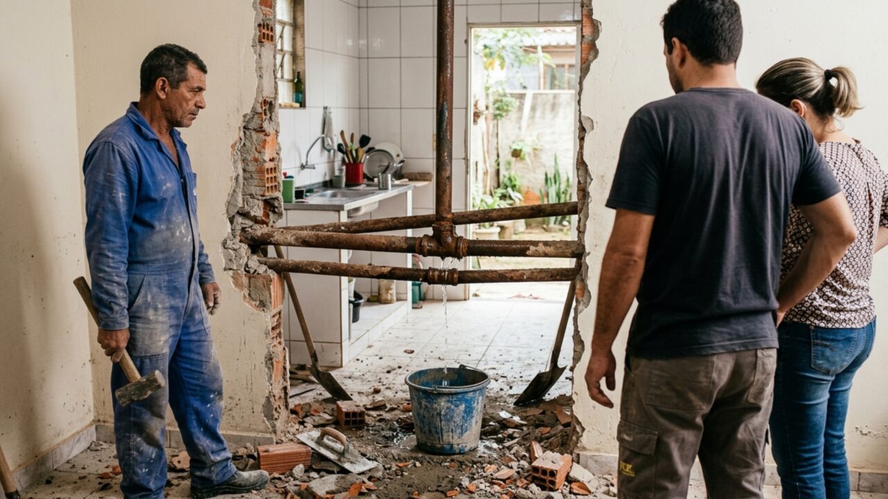 Obra de uma nova porta trava no primeiro dia depois que pedreiro encontra um cano escondido atravessando o vão planejado