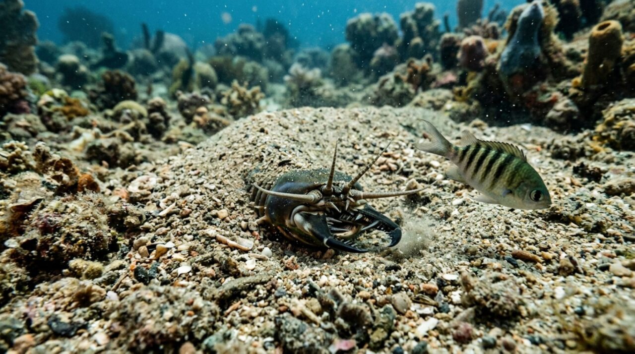 Um verme enterrado detecta o peixe sem enxergá-lo e dispara da areia enquanto quase três metros permanecem escondidos