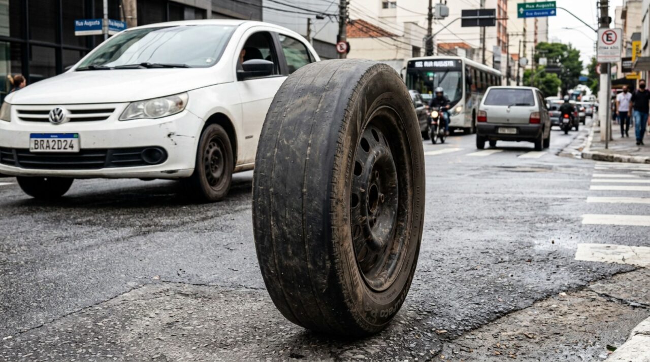 Motorista é parado em blitz com pneu aparentemente inteiro, acredita que só haveria problema se estivesse furado e fiscalização explica por que a profundidade dos sulcos também é verificada