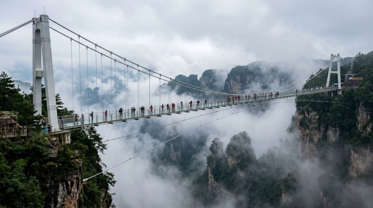 A ponte construída a centenas de metros acima de um vale que desaparece entre nuvens e neblina em determinadas épocas do ano
