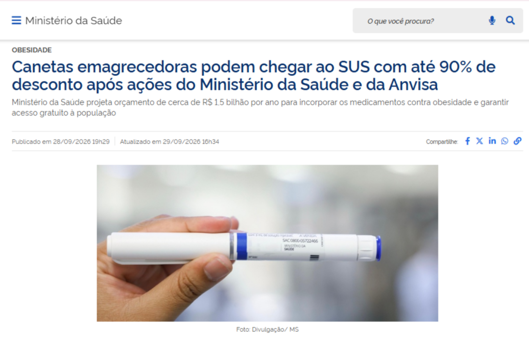 Governo divulga canetas emagrecedoras em site oficial durante período eleitoral