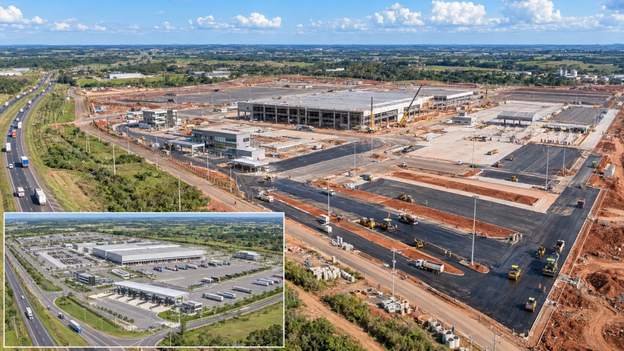 Megaobra de R$ 500 milhões ocupa 550 mil m² na Tríplice Fronteira para erguer o maior porto seco da América Latina, com capacidade para 2 mil caminhões por dia