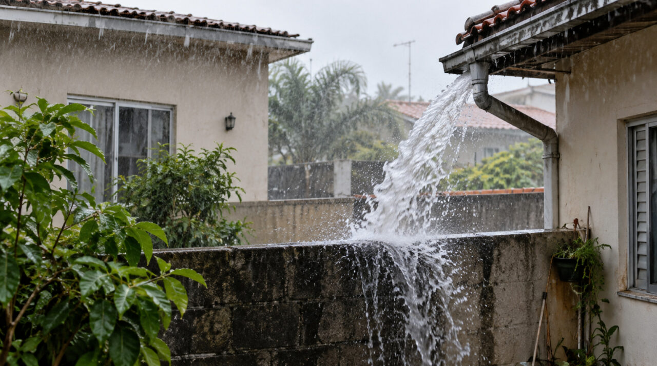 Na primeira chuva forte de outubro, moradora descobre que a calha nova do vizinho despeja toda a água do telhado direto no seu quintal