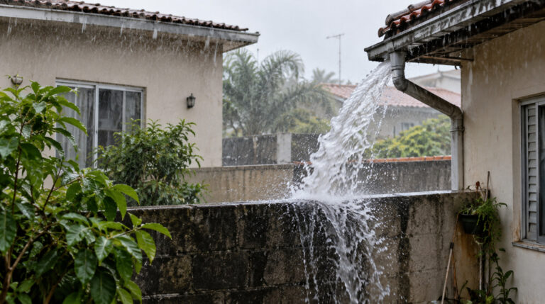 Na primeira chuva forte de outubro, moradora descobre que a calha nova do vizinho despeja toda a água do telhado direto no seu quintal
