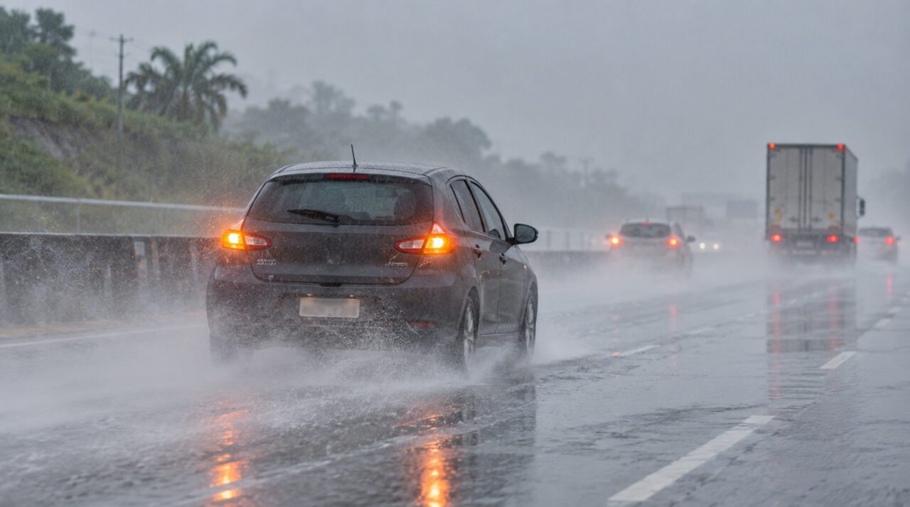 Motorista liga o pisca-alerta com o carro em movimento durante temporal na rodovia e é multado: a regra que quase ninguém conhece