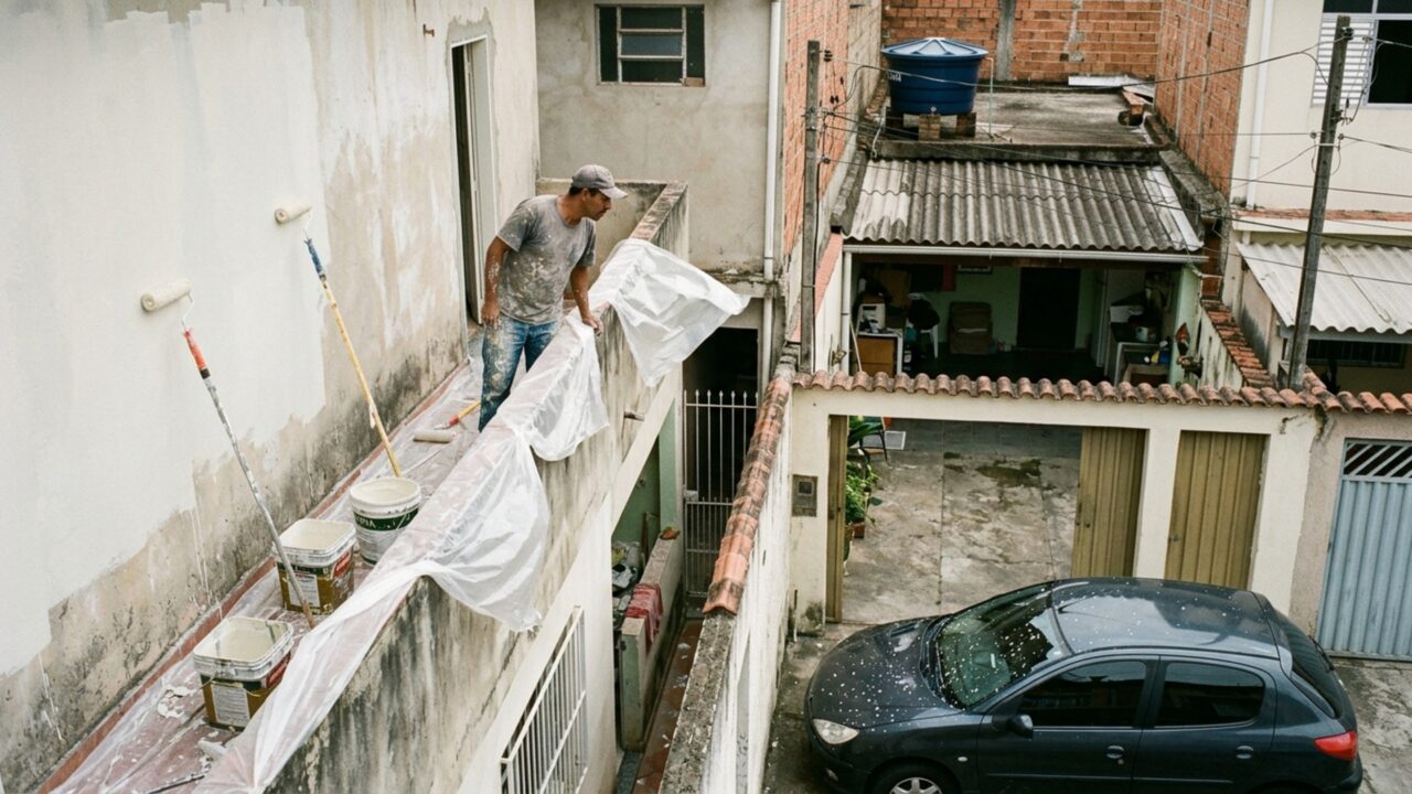 Família contrata pintura da fachada e recebe cobrança pelo carro da casa ao lado depois que o vento leva respingos para a garagem, mas o pintor afirma que havia pedido a retirada do veículo antes de começar o serviço