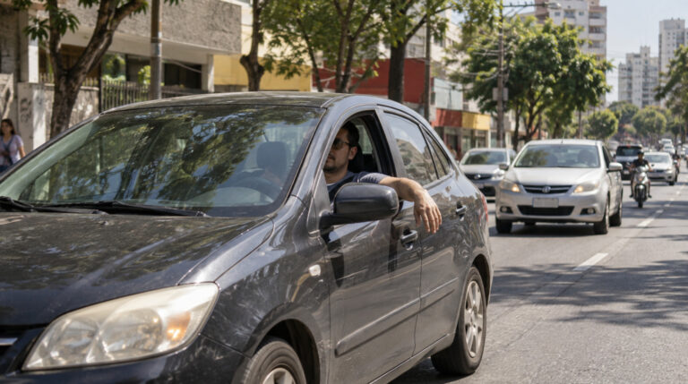 Motorista dirige com o braço para fora da janela no calor e leva multa média com 4 pontos