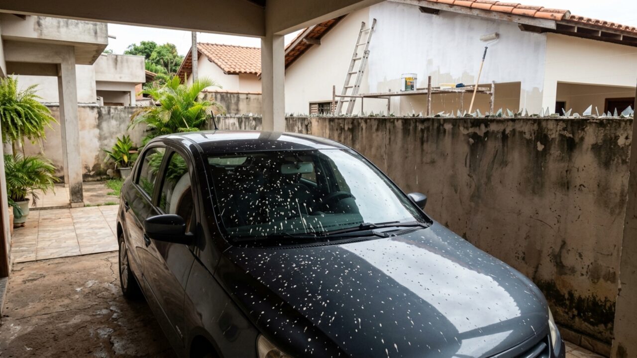 Família contrata pintura da fachada e recebe cobrança pelo carro da casa ao lado depois que o vento leva respingos para a garagem, mas o pintor afirma que havia pedido a retirada do veículo antes de começar o serviço