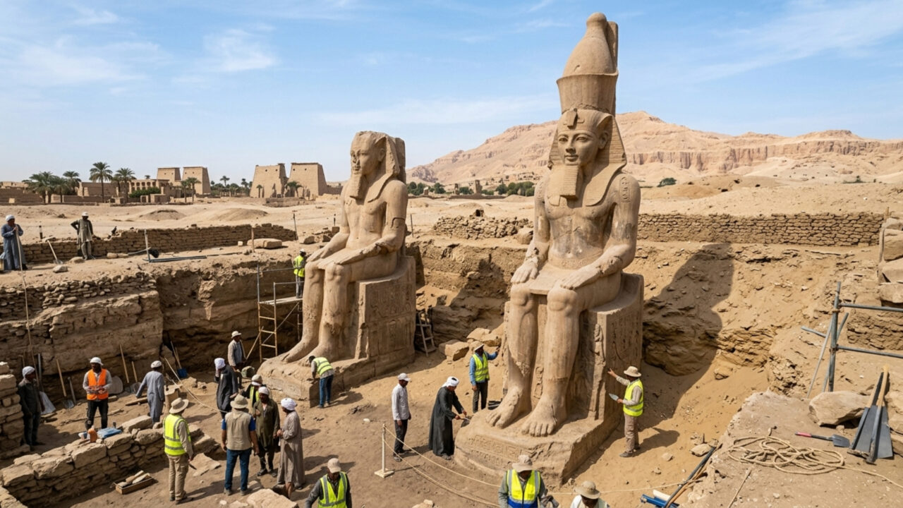 2 estátuas gigantes de Ramsés II, uma delas usando uma coroa dupla, são descobertas no Egito