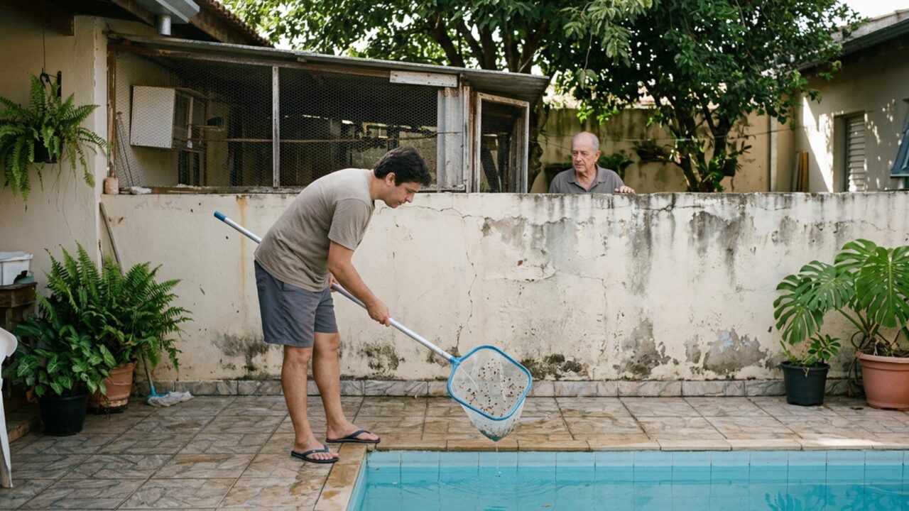 Aposentado monta um viveiro no fundo do quintal para criar pássaros e descobre que as cascas de sementes levadas pelo vento estão caindo dentro da piscina da casa ao lado, onde o morador passa a cobrar uma mudança na estrutura