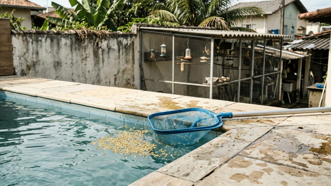 Aposentado monta um viveiro no fundo do quintal para criar pássaros e descobre que as cascas de sementes levadas pelo vento estão caindo dentro da piscina da casa ao lado, onde o morador passa a cobrar uma mudança na estrutura