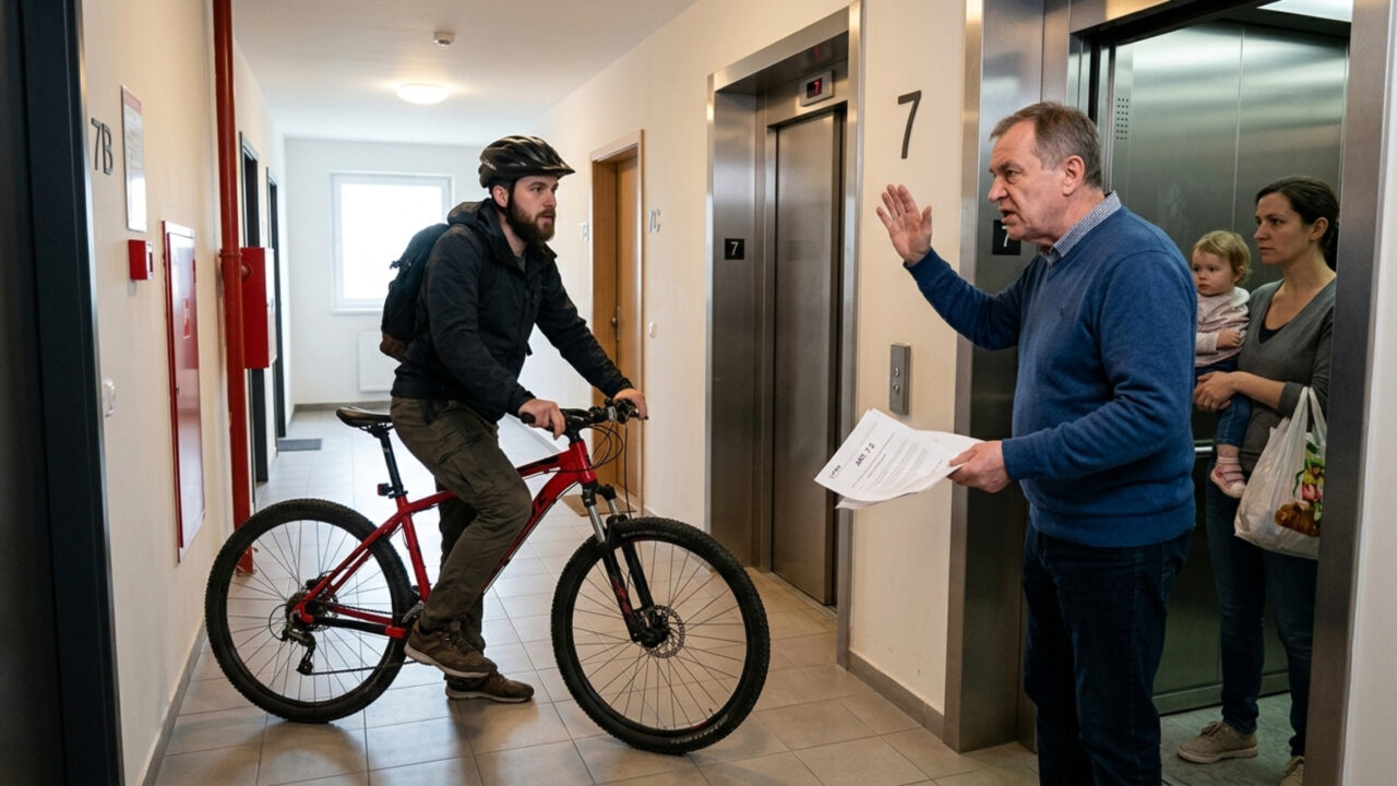 A Lei de Propriedade Horizontal é confirmada: se um vizinho sobe e desce de bicicleta pelo elevador, é possível recorrer ao artigo 7.2