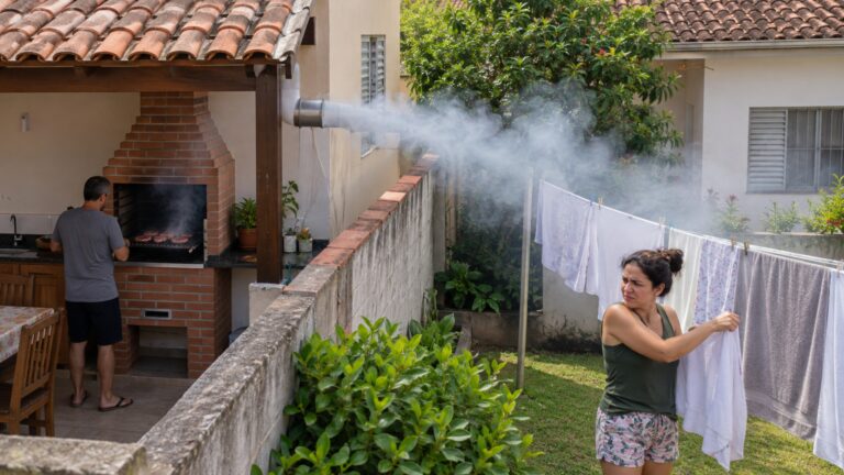 A churrasqueira ficou pronta, mas a fumaça começou a sair ao lado do varal da vizinha