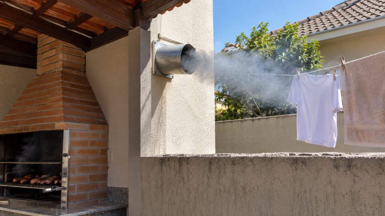 A churrasqueira ficou pronta, mas a fumaça começou a sair ao lado do varal da vizinha