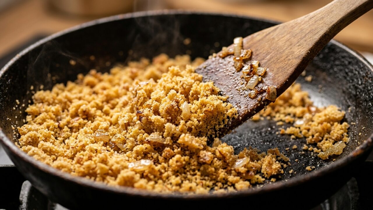 A farofa continua seca mesmo depois de receber bastante manteiga? O problema pode estar na maneira como os ingredientes entram na panela