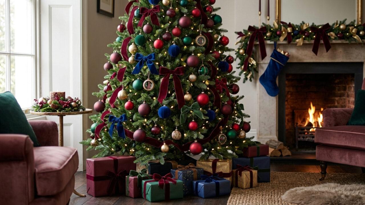 Adeus árvore de Natal com enfeites dourados a cor intensa e elegante que está em alta em 2026.