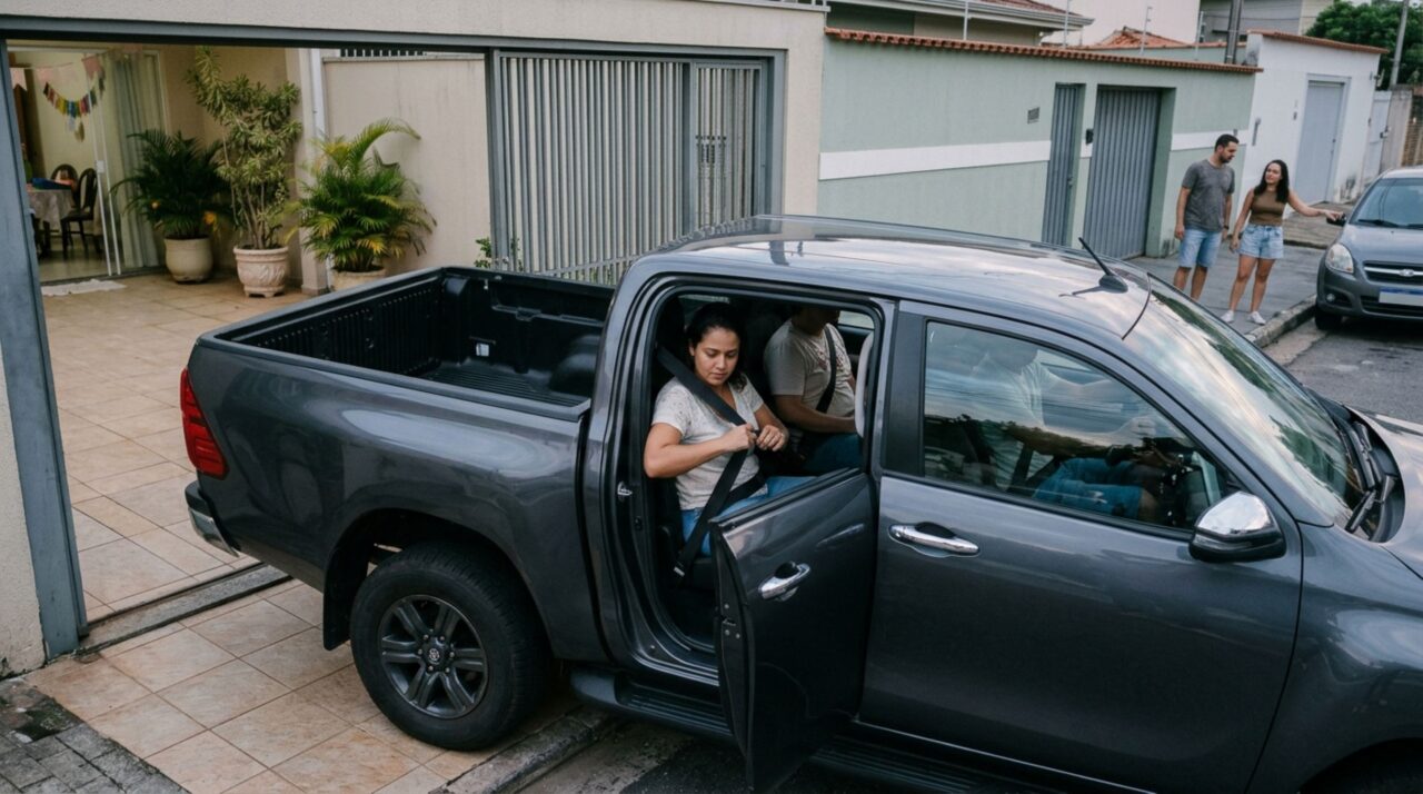 Casal compra uma caminhonete e decide transportar amigos na carroceria durante uma festa, mas descobre que, a curta distância do percurso, não dispensa as regras para transporte de passageiros