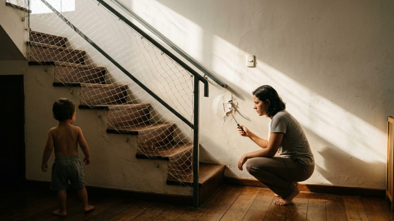 Família coloca uma rede de proteção no alto da escada por causa das crianças e só depois percebe que um dos pontos de fixação ficou preso em uma parede de drywall
