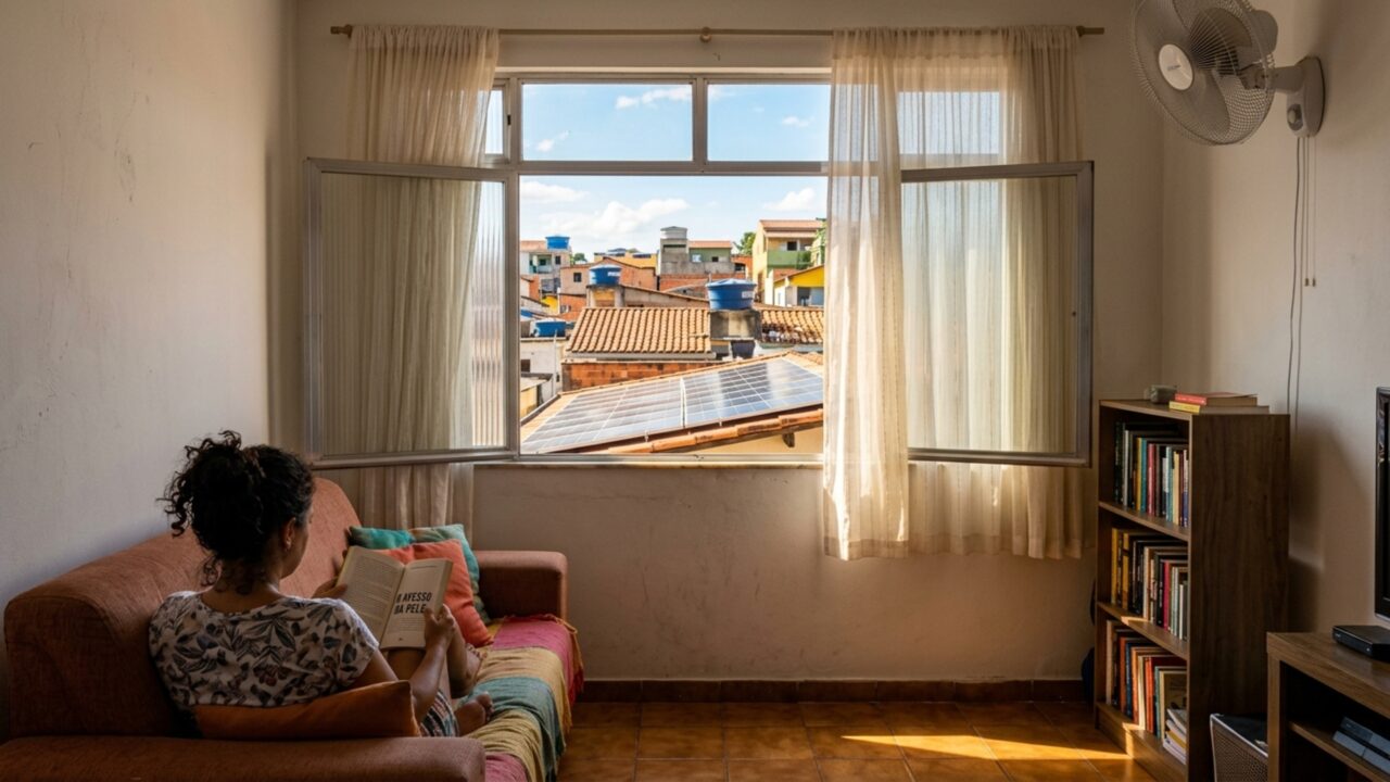 No dia seguinte à instalação dos painéis solares, família ao lado reclama de um reflexo intenso entrando pela janela da sala durante parte da tarde