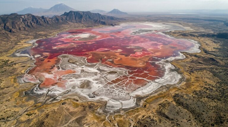 Lago Natron apresenta águas vermelhas e rosadas devido à proliferação de microrganismos adaptados ao sal