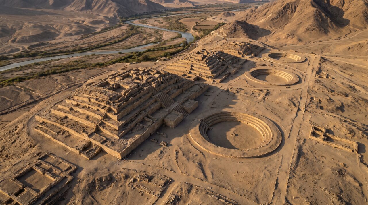 Uma cidade de cinco mil anos ergueu pirâmides e praças circulares no deserto peruano muito antes de impérios famosos aparecerem nos Andes