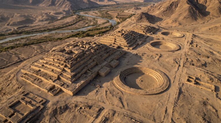 Uma cidade de cinco mil anos ergueu pirâmides e praças circulares no deserto peruano muito antes de impérios famosos aparecerem nos Andes