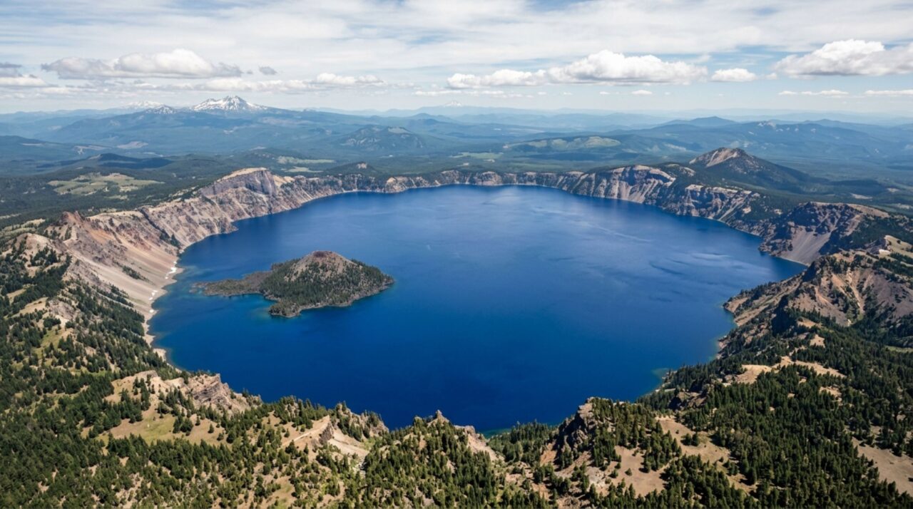 Um lago azul ocupa a cicatriz de um vulcão e água se acumulou onde uma montanha colapsou após uma erupção gigantesca