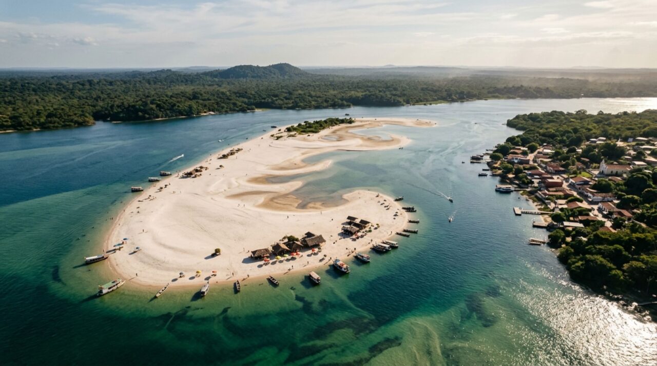 Praia de areia branca aparece diante de uma vila amazônica a 37 km de Santarém e muda de tamanho conforme o Tapajós sobe e desce