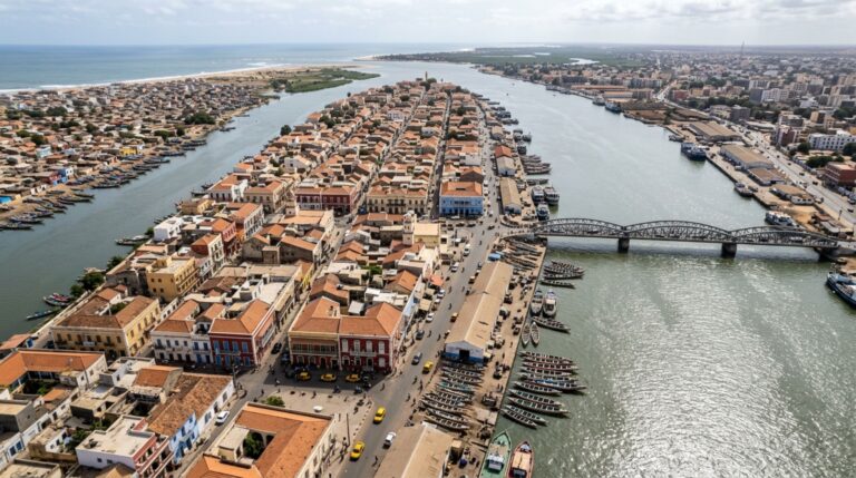 Saint-Louis preserva uma malha urbana histórica moldada pela estreita ilha entre os braços do rio Senegal