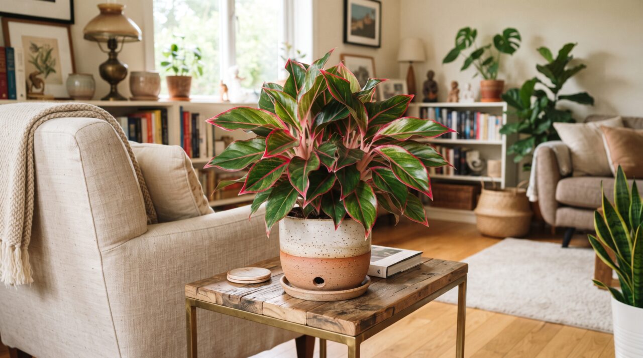 Cuidados e adubação para cultivar aglaonema com folhas na cor rosa neon.