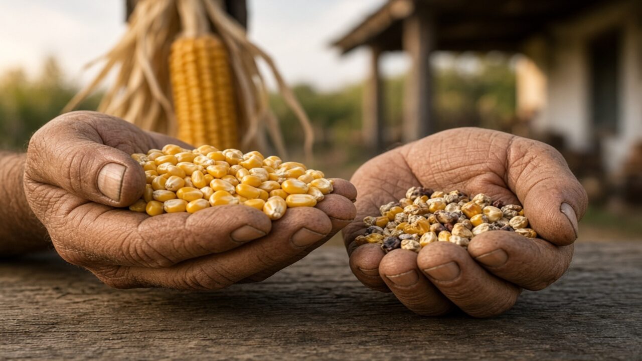 Agricultor guarda grãos das melhores espigas para economizar na próxima safra e percebe que o milho híbrido não repete o resultado da primeira colheita