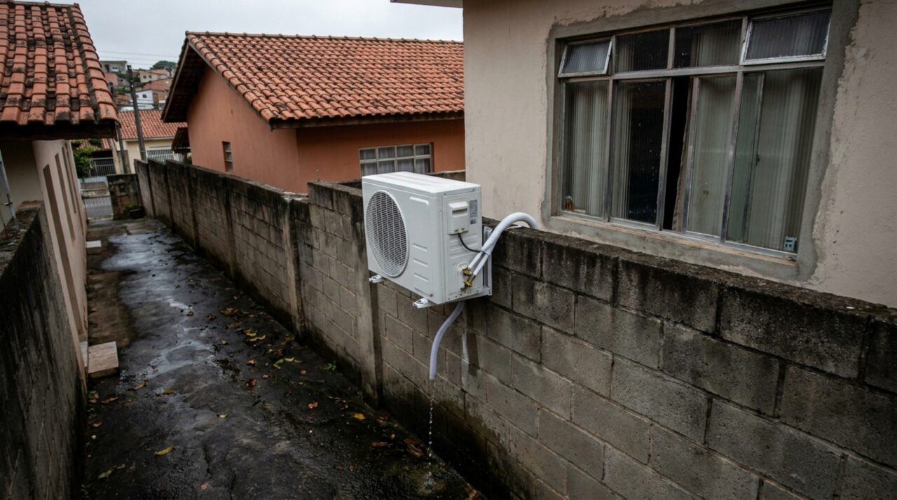 Casal volta de viagem e encontra condensadora de ar-condicionado instalada no muro da divisa, com barulho e água caindo perto da janela