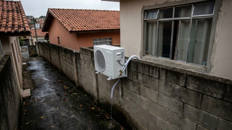 Casal volta de viagem e encontra condensadora de ar-condicionado instalada no muro da divisa, com barulho e água caindo perto da janela