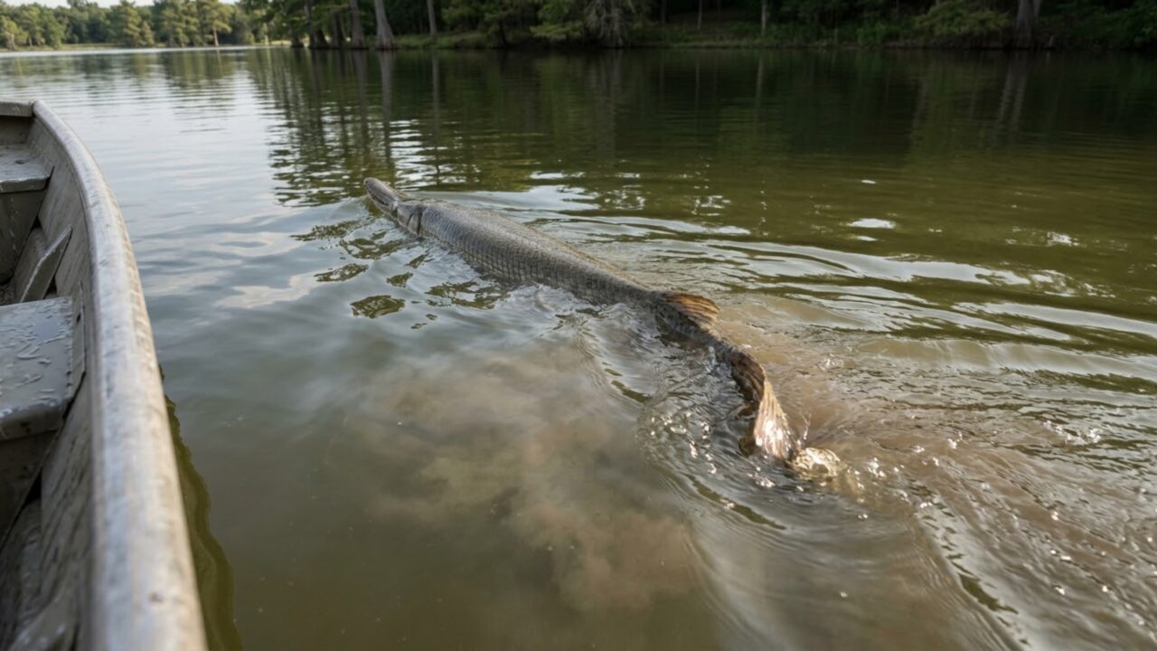 Homem pesca peixe-jacaré de quase 70 kg e cerca de 2,2 metros