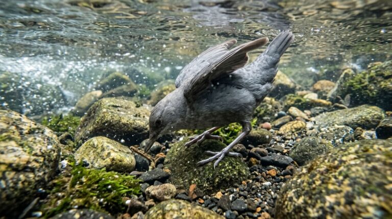 O dipper combina passos, garras e movimentos das asas para explorar o fundo de riachos rápidos