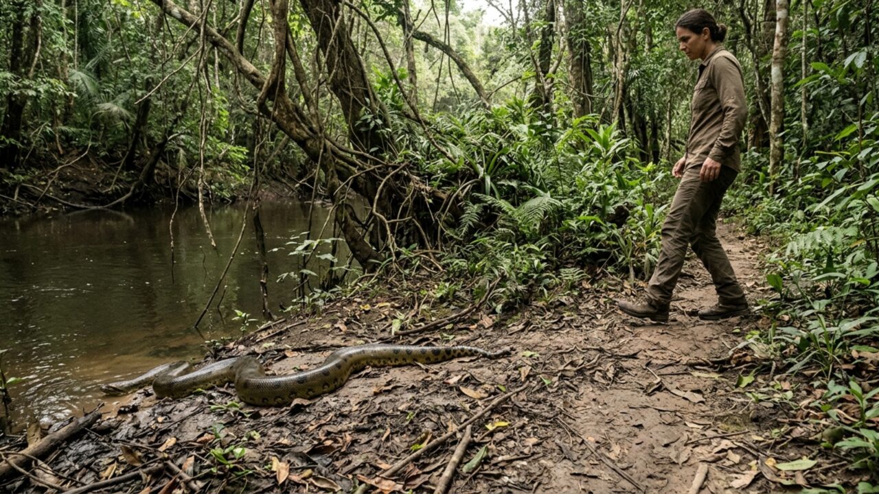A regra de ouro ao encontrar uma cobra, especialmente uma sucuri, é manter distância e entender como ela reage antes de qualquer aproximação