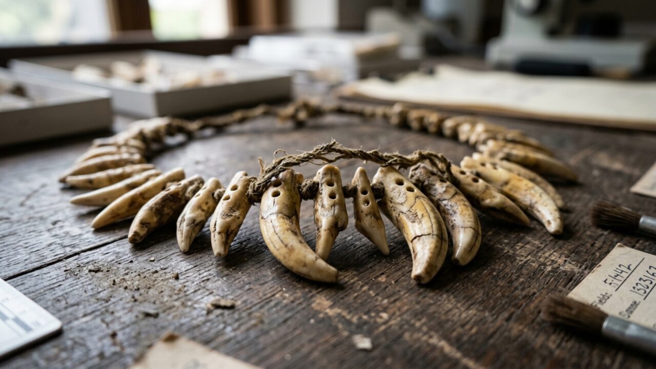 Arqueólogos procuravam um cemitério romano e encontraram um colar 5 mil anos mais antigo feito com 42 dentes de grandes mamíferos