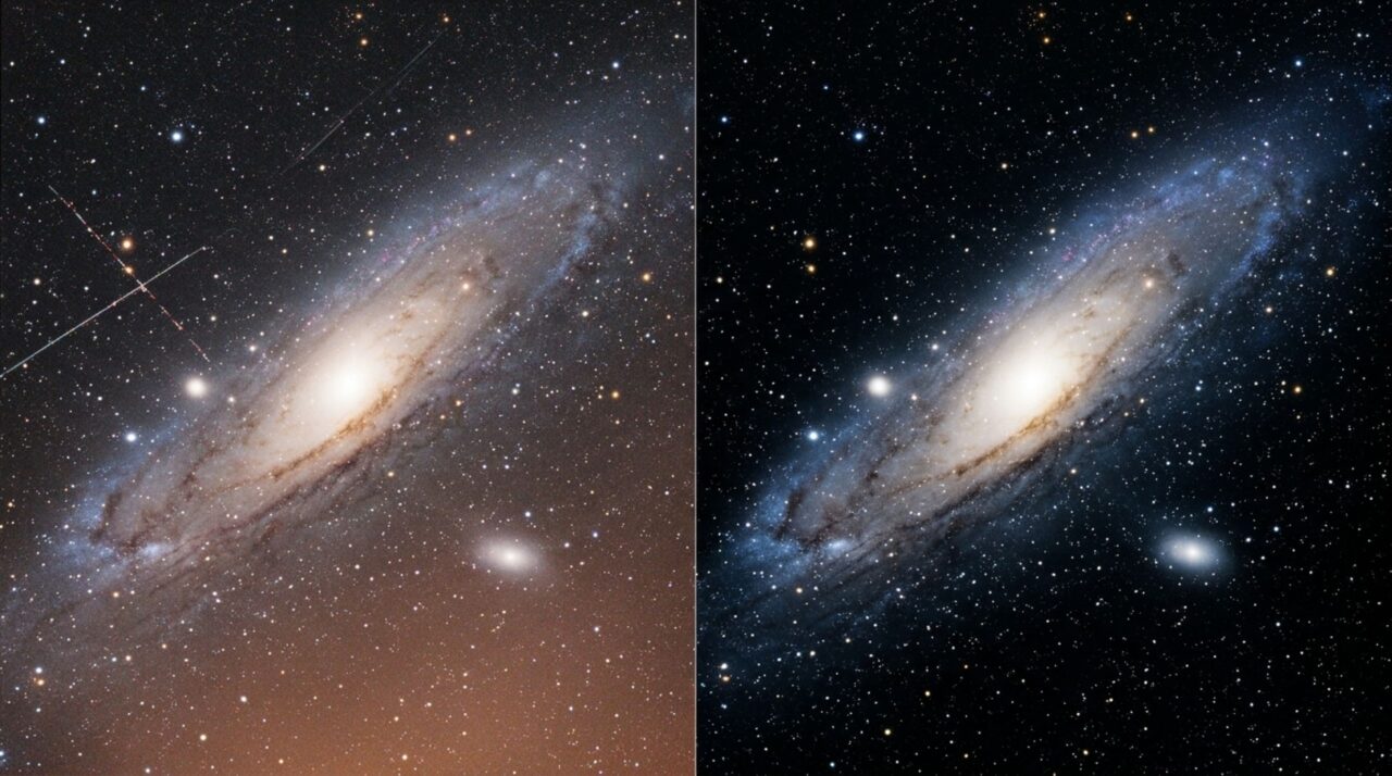 A galáxia de Andrômeda parece uma coisa no arquivo bruto e outra depois do processamento: comparação mostra o que a astrofotografia realmente revela