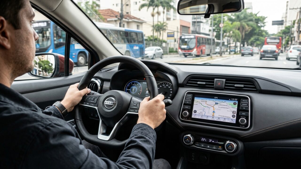 Ao sair de uma vaga de ré, este sedã compacto consegue avisar sobre carros que se aproximam lateralmente, além de monitorar veículos escondidos nos pontos cegos
