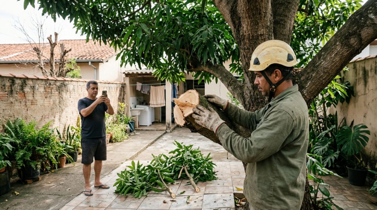 Morador contrata a retirada de uma árvore seca do quintal e descobre que a equipe também cortou galhos de uma árvore saudável do vizinho sem autorização