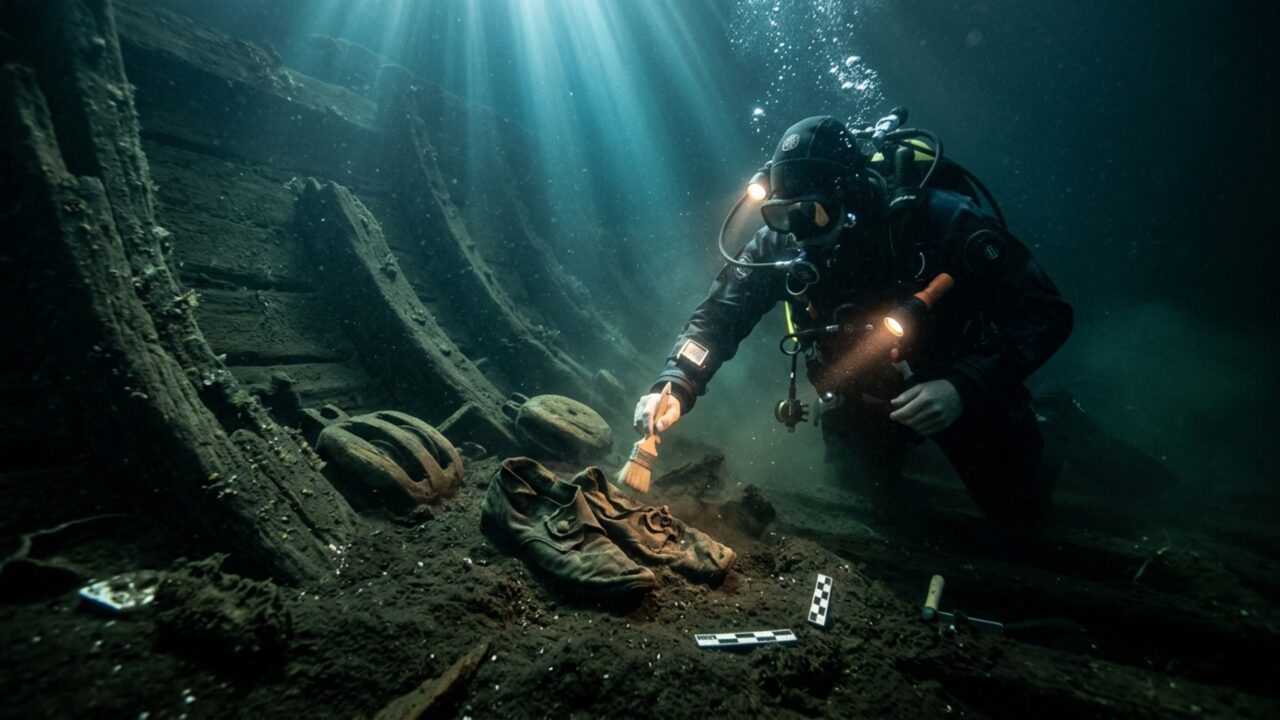 Mergulhadores desceram para investigar anomalias de um gasoduto e encontraram sapatos, roldanas e um navio naufragado há cerca de 400 anos