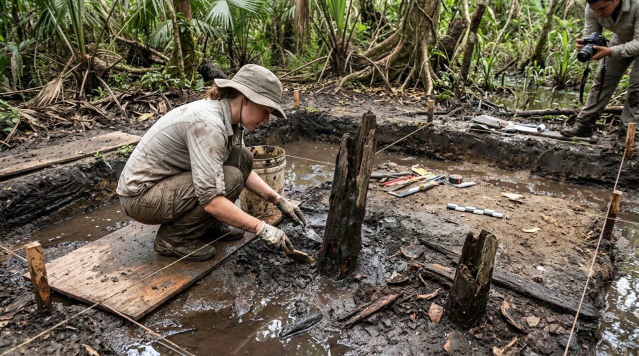 Dez postes de madeira preservados em sedimentos encharcados ajudaram arqueólogos a reconstruir a ocupação maia de Birds of Paradise