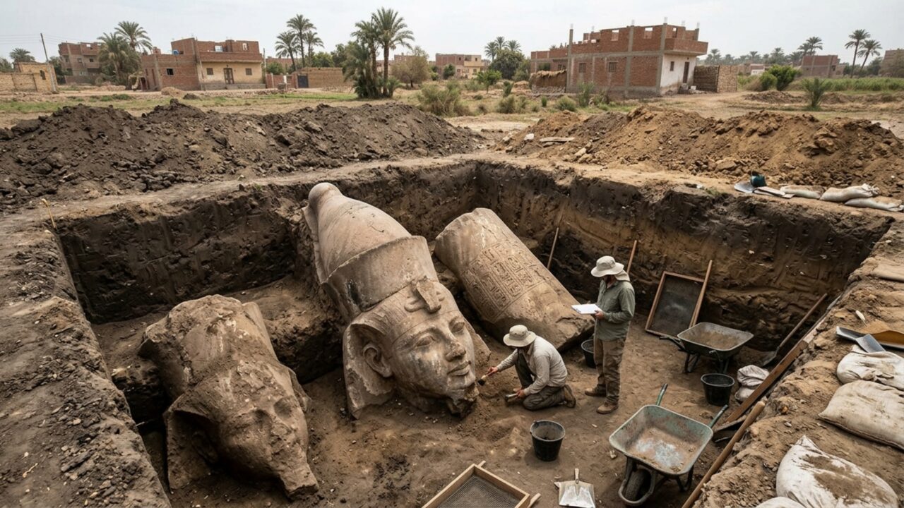 Um morador achou um bloco inscrito no próprio terreno e arqueólogos terminaram diante de duas estátuas colossais de Ramsés II