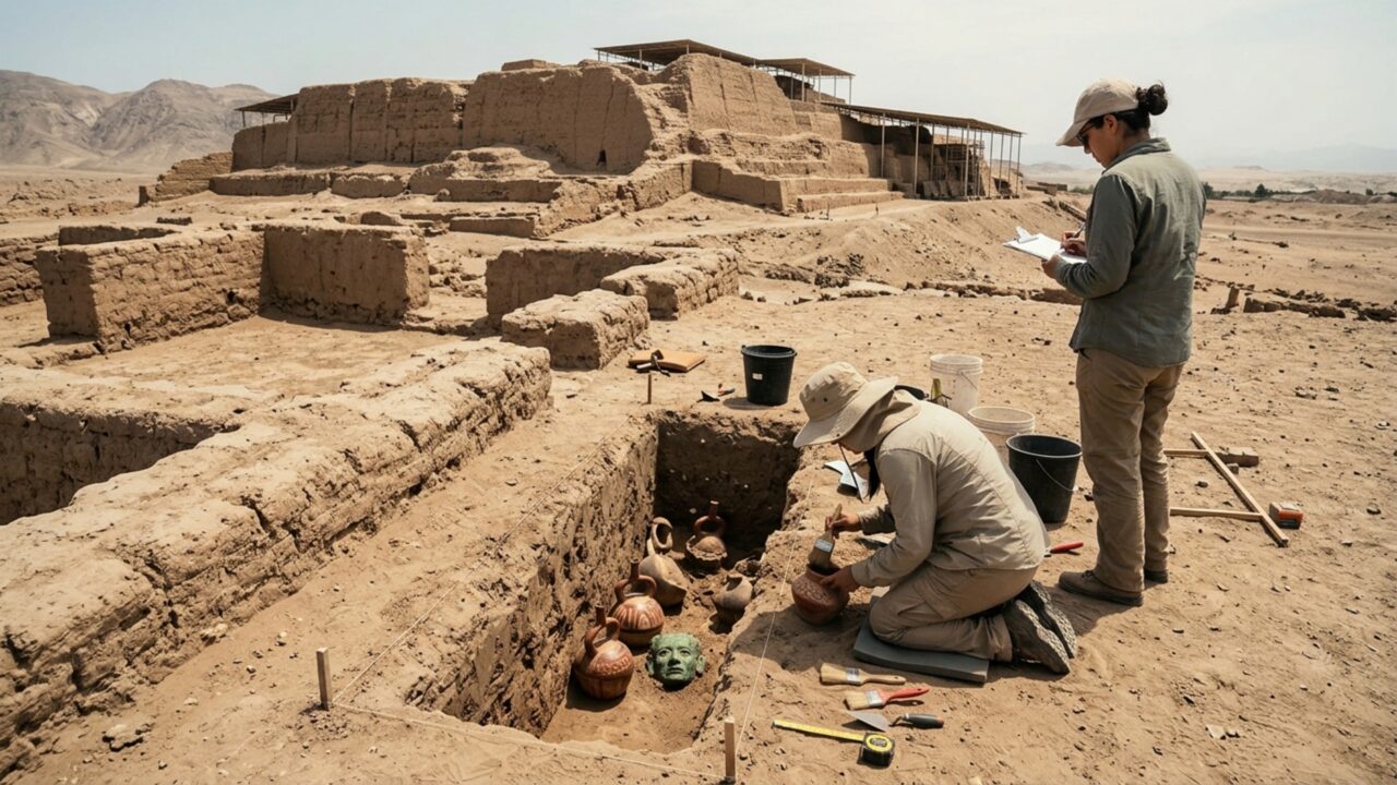 Uma criança foi enterrada com mais de 30 peças e uma máscara metálica aos pés de um grande templo Moche